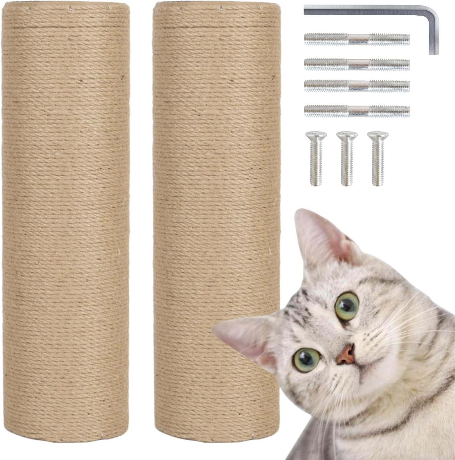 Pinkgarden Replacement Cat Scratching Post Sisal 40Cm 4.5" Thick Pack of 2 M8 Replacement Scratching Post Parts for Renovation White Includes Screws (Natural)