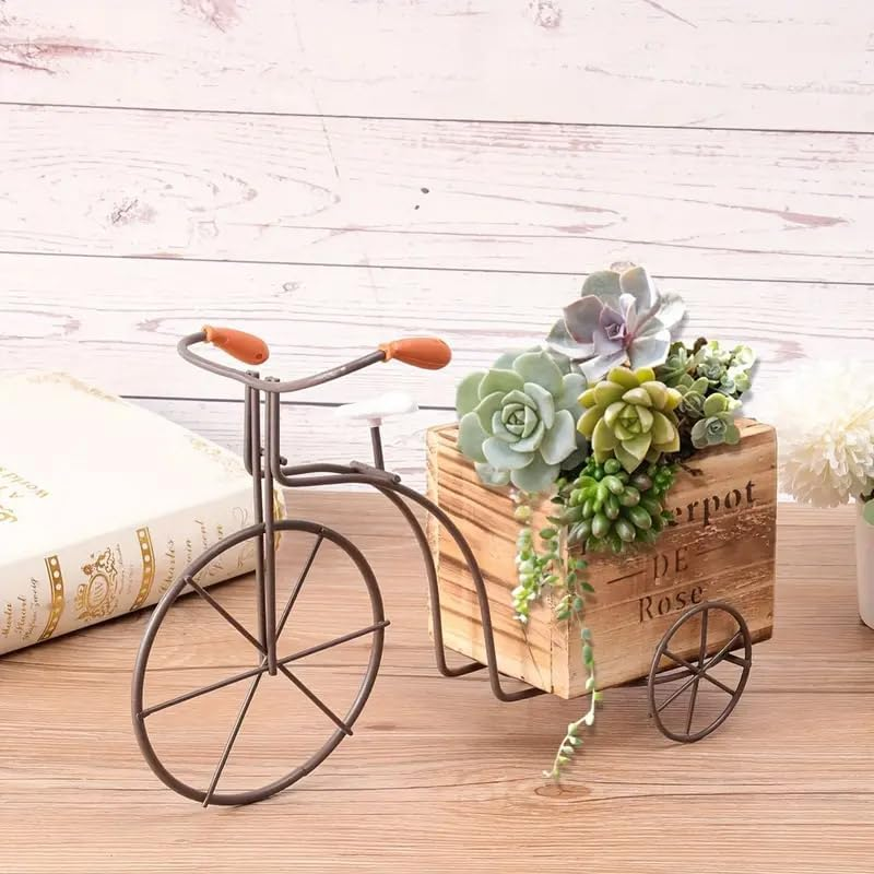 AIMALL Old Vintage Iron Bicycle Planter - Rustic Wooden Desktop Pot for Silk Flowers and Succulents - Decorative Display for Home and Office - Dimensions: 9.45 X 4.33 Inches image number 6