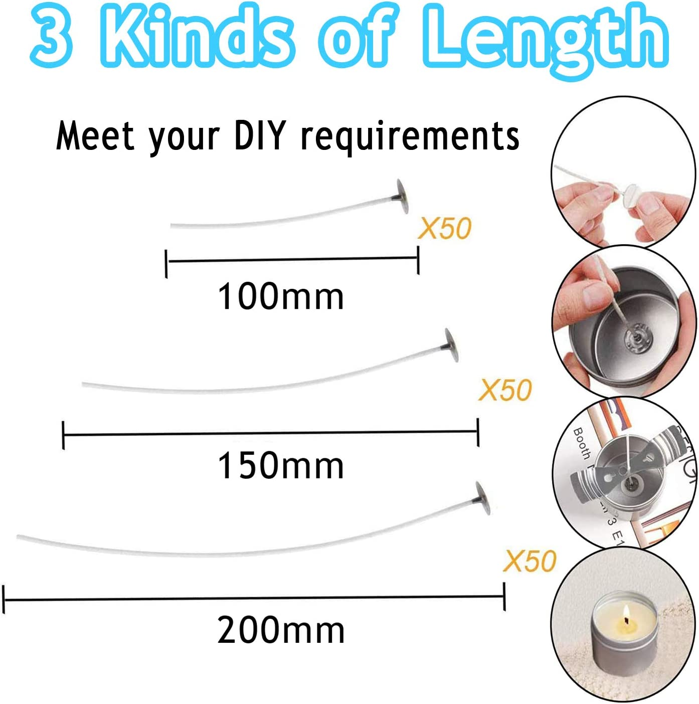 Candle Making Kit - 150Pcs Low Smoke Natural Candle Wicks (10Cm/4In,15Cm/6In and 20Cm/8In) with 150Pcs Double-Sided Dots Wick Stickers and 4Pcs Wick Holder Sustainer for DIY Candles image number 1