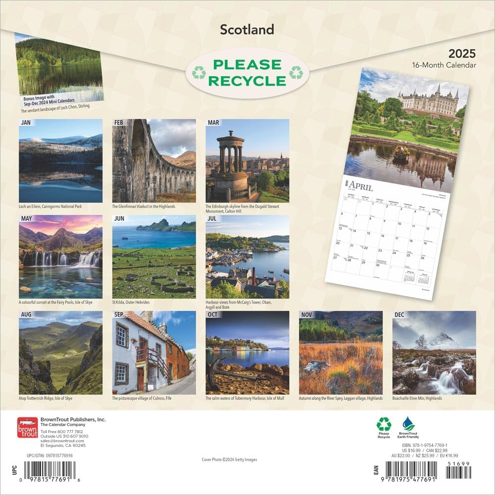 Scotland | 2025 12 X 24 Inch Monthly Square Wall Calendar | Plastic-Free | Browntrout | UK United Kingdom Scenic image number 3