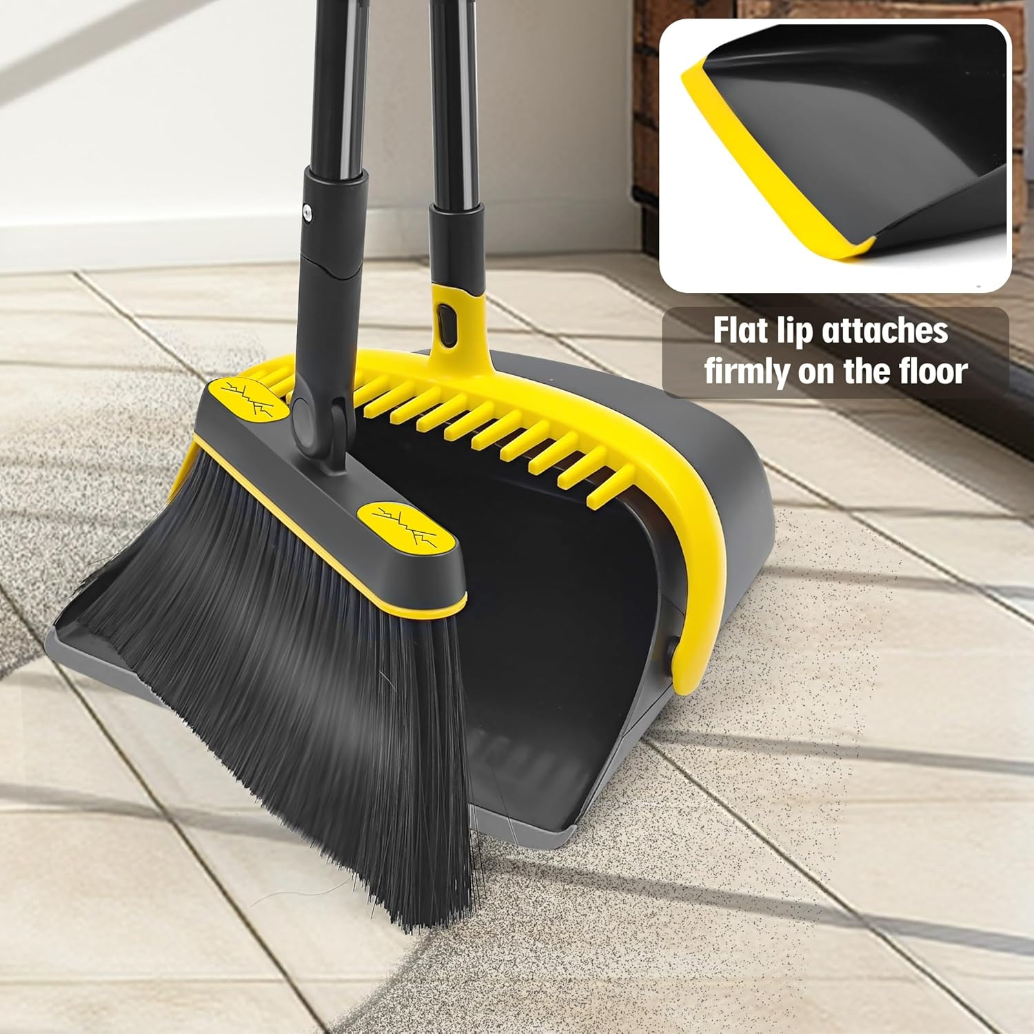JEHONN Broom and Dust Pan, 138 Cm Long Handle Swivel Brush, Upright Foldable Dustpan with Comb Teeth for Home Kitchen Lobby Indoor Floor Cleaning (Black & Yellow) image number 6