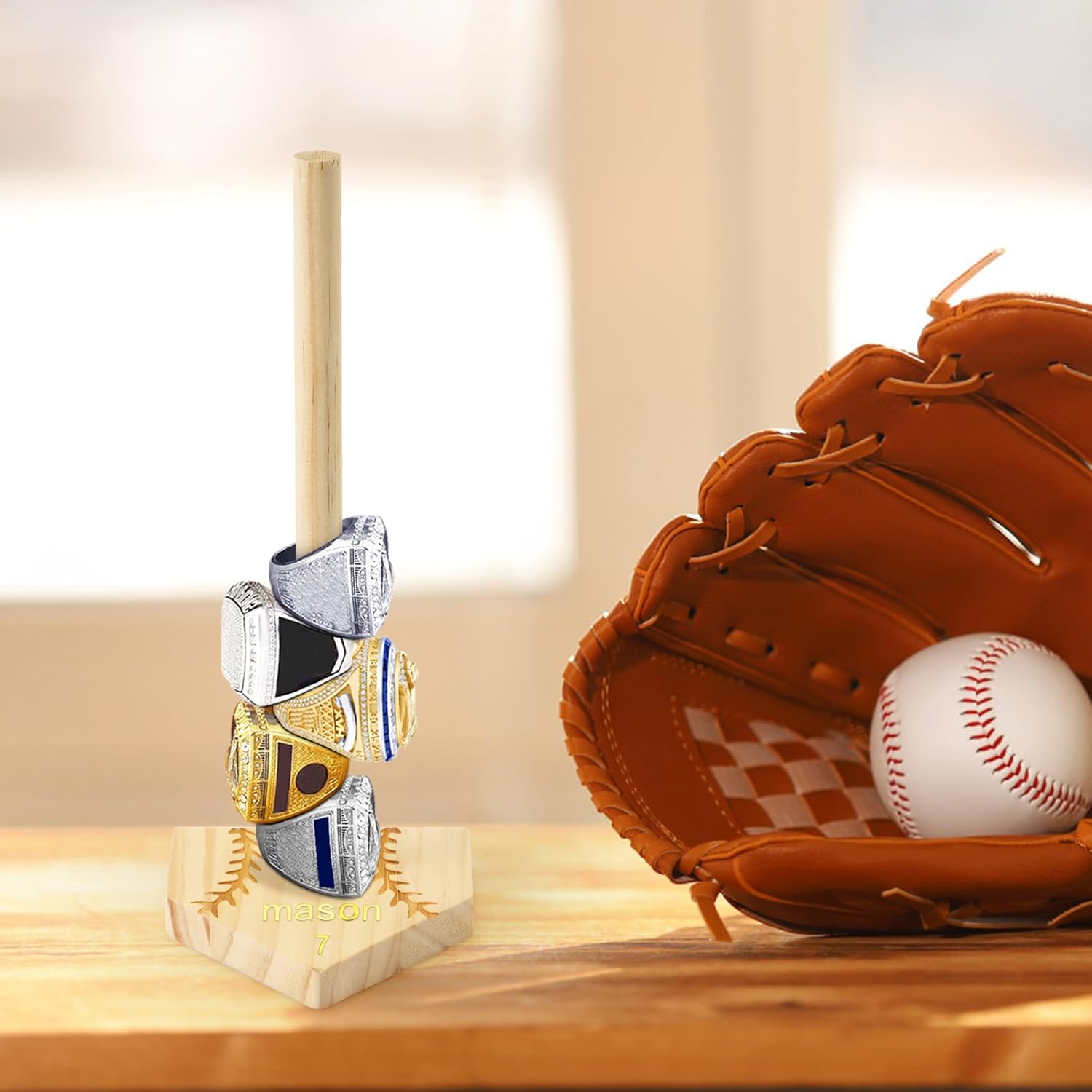 Baseball Wooden Ring Holder, Custom-Built Name & Number Decorative Softball Ring Stand Sturdy Championship Ring Display Holder Storage Organizer Birthday Gift for Kids Teens Adults image number 5