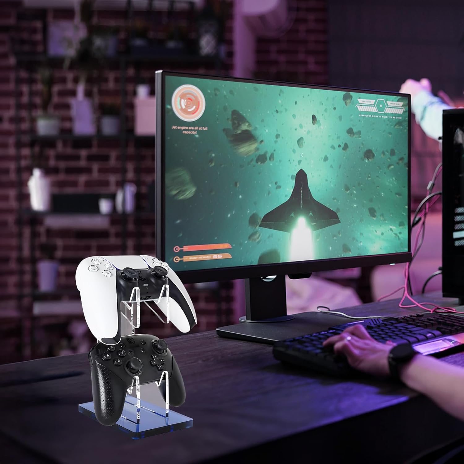 FYY Game Controller Holder 2 Tiers - Universal Dual Controller Stand Headphone Holder, Acrylic Blue Controller Display Stand Compatible with Nintendo Switch Xbox PS5 PS4, Desk Mounts for Controller - 2 Pcs-Black image number 2