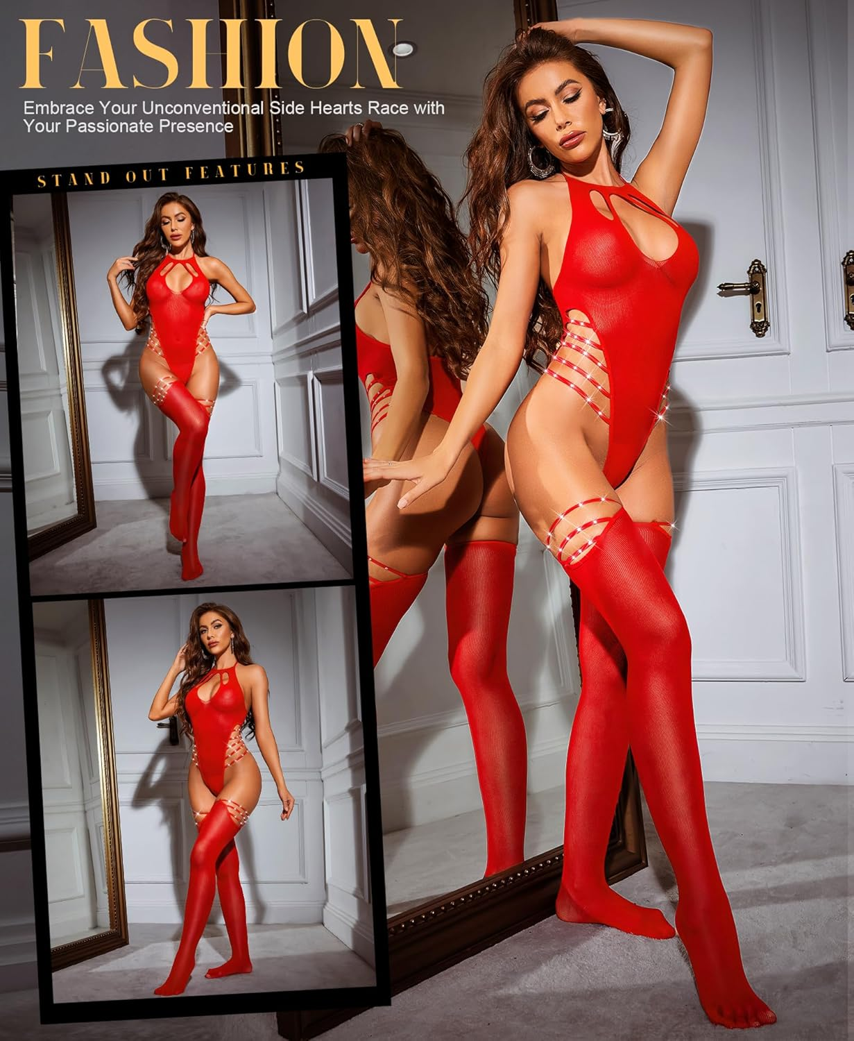 RSLOVE Sexy Lingerie Sets for Women Fishnet Bodystocking Exotic Sparkle Rhinestone Mesh Bodysuit with Thigh High Stockings - Black image number 4