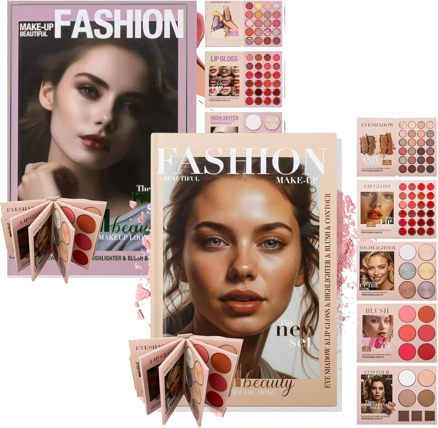 24-Color Eyeshadow Palette - 5-Layer Book-Style Makeup Palette with 67 Pro Shades, All in One Makeup Palette with Eyeshadow, Lipstick, Blush, Contour & Highlighter, Waterproof and Long-Lasting (Mix*2Pcs)