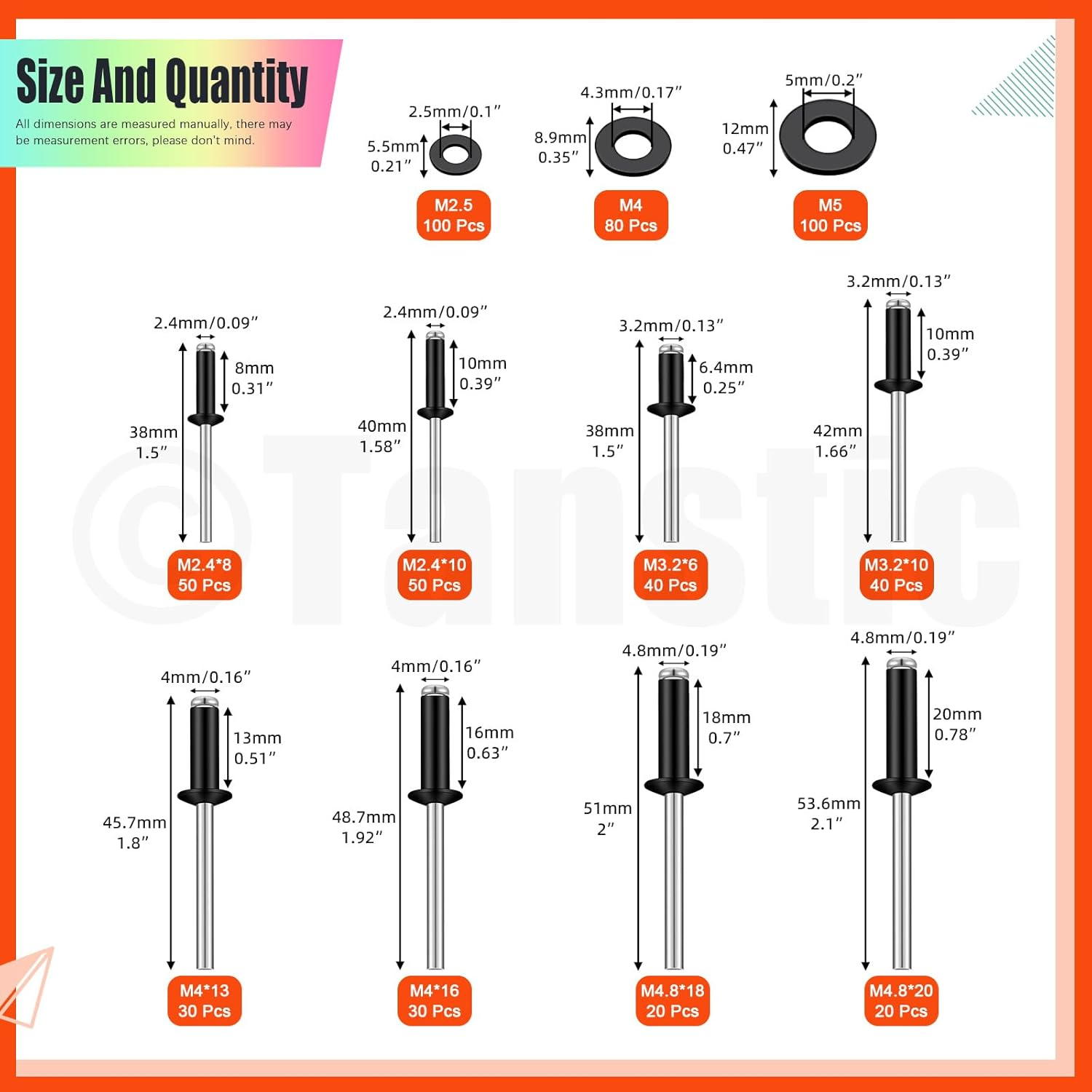 Fanstic 560Pcs Black Aluminum Pop Rivets Kit, 8 Size Blind Rivet Fasteners with 3 Size Backup Washers Assortment Kit for Aviation Automobile Furniture Use image number 3