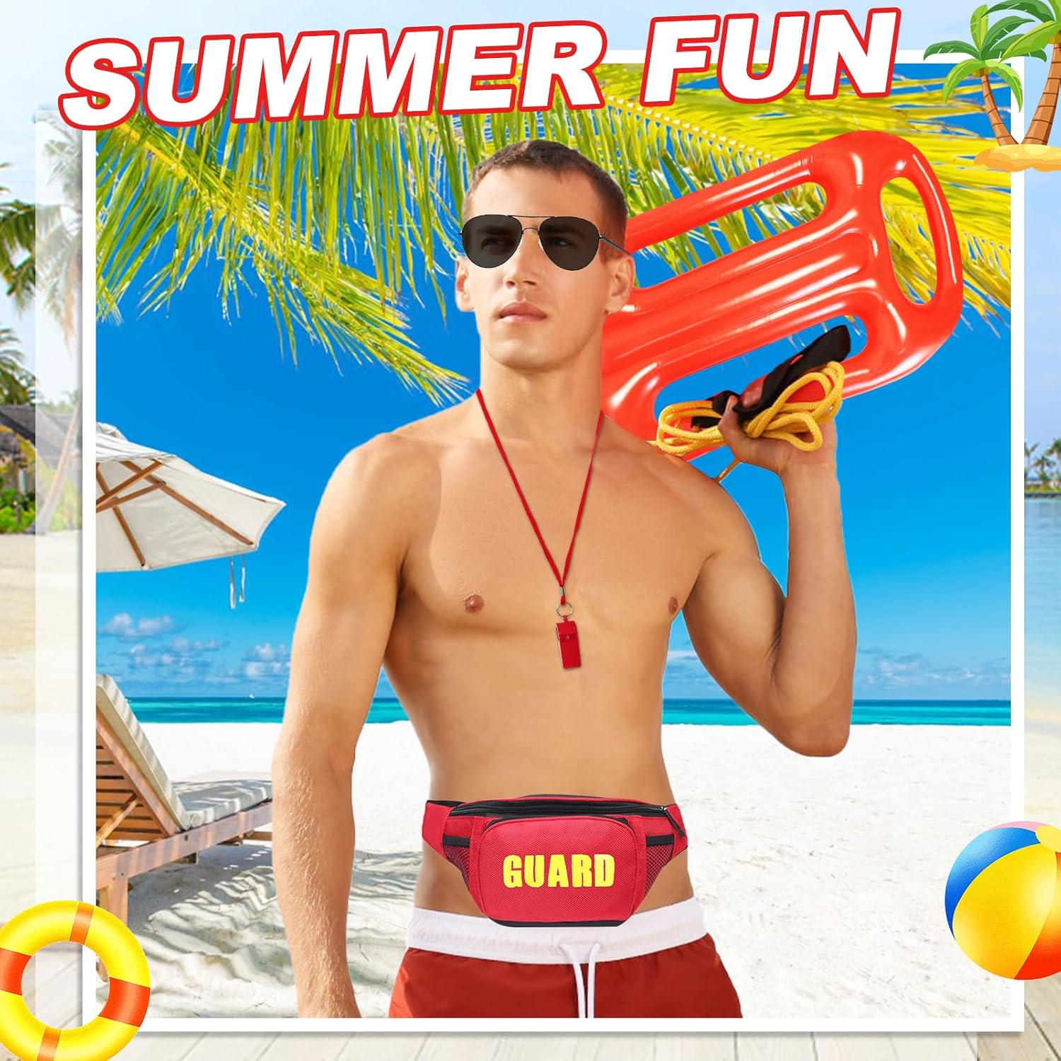 5Pcs Life Guard Accessories Kit Include Inflatable Float Prop Bucket Hat Adjustable Fanny Pack Whistle Sunglasses Lifeguard Fancy Dress Costume for Adults Women Men Halloween Cosplay Party image number 2