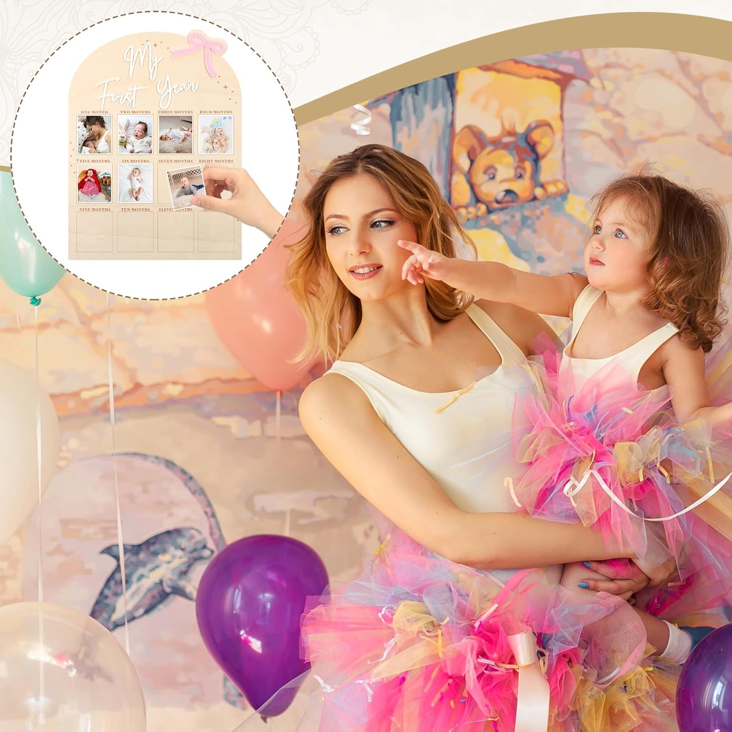 Weysat Pink Bow My First Year Photo Board, Wood 3D Coquette One Year of Photo 12 Months Monthly Milestone Board Picture Display Frame 1St Birthday Decorations Gift Bow Nursery Decor image number 1