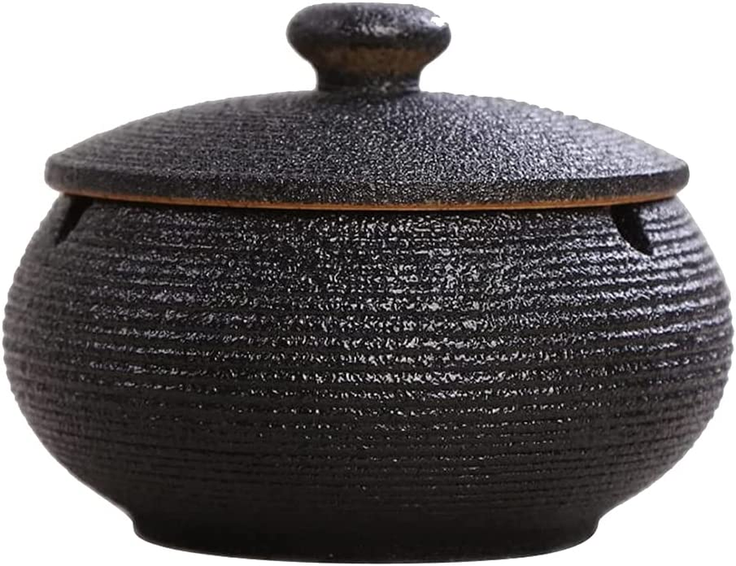 Handmade Ceramic Ashtray with Lids,Desktop Smoking Ash Tray for Office Decoration, Windproof Ashtray, Cigarette Ashtray for Outdoor Use，Ash Holder for Smokers (021-Black)