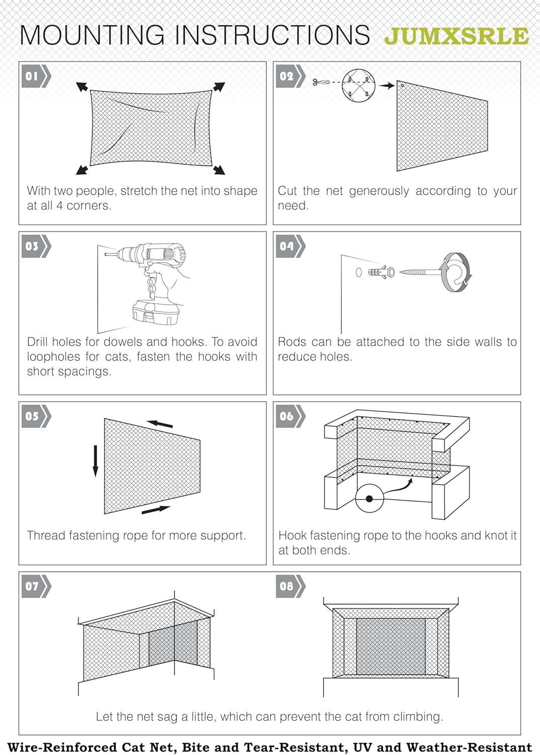 JUMXSRLE Balcony Netting for Cats, Wire-Reinforced Cat Net, Bite and Tear-Resistant, UV and Weather-Resistant, Balcony Cat Anti-Fall Netting for Pets - 2X3M/6.5X10Ft image number 6