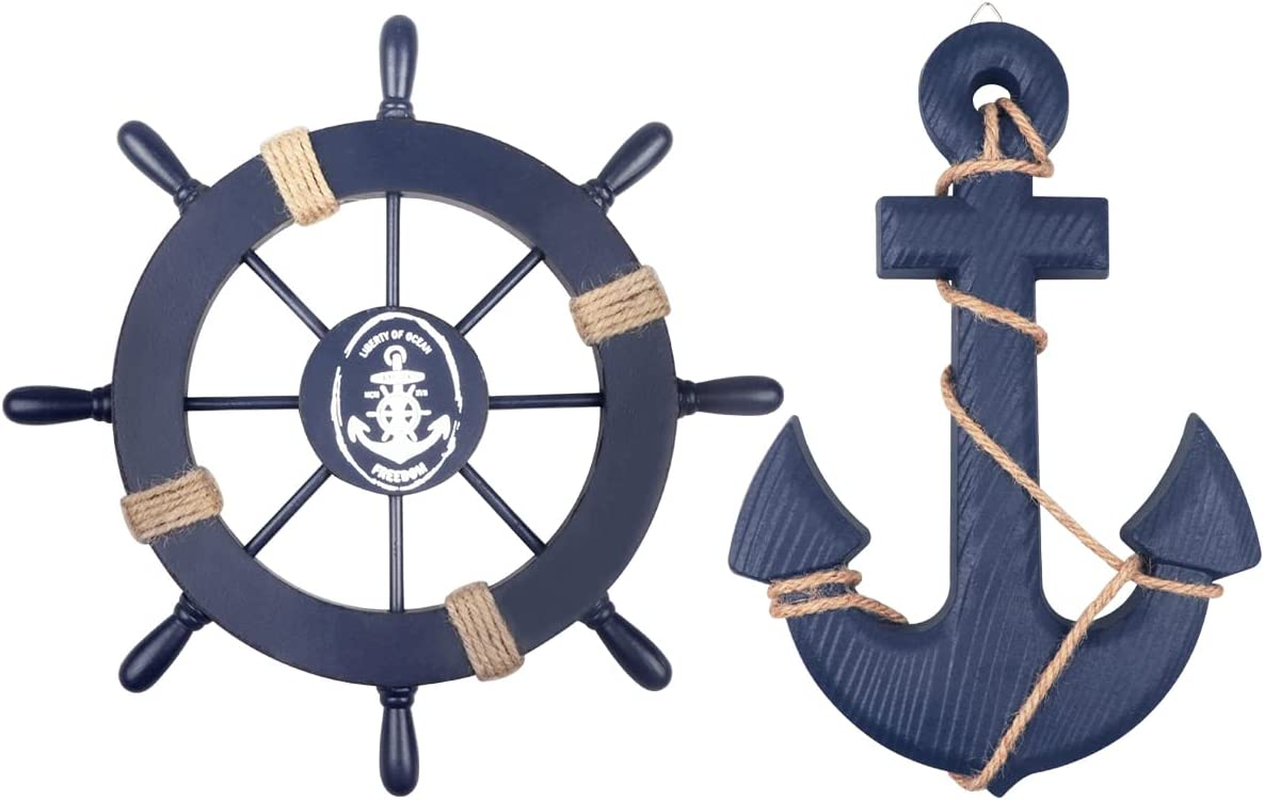 2 Pack 11 Wooden Ship Wheel and Wood Anchor with Rope Nautical Boat Steering Rudder Wall Decor Door Hanging Ornament (2)