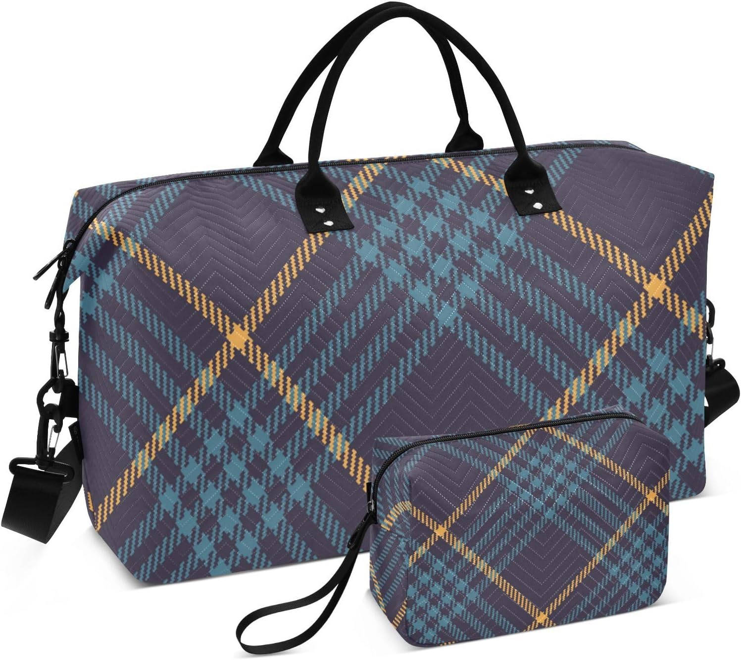 Luggage Travel Bag Carry on Personal Item Bag Navy Blue Yellow Buffalo Plaid Tartan Check Scotland Gym Bag With, Navy Blue Yellow Buffalo Plaid Tartan Check Scotland, Set of 2, Art Deco