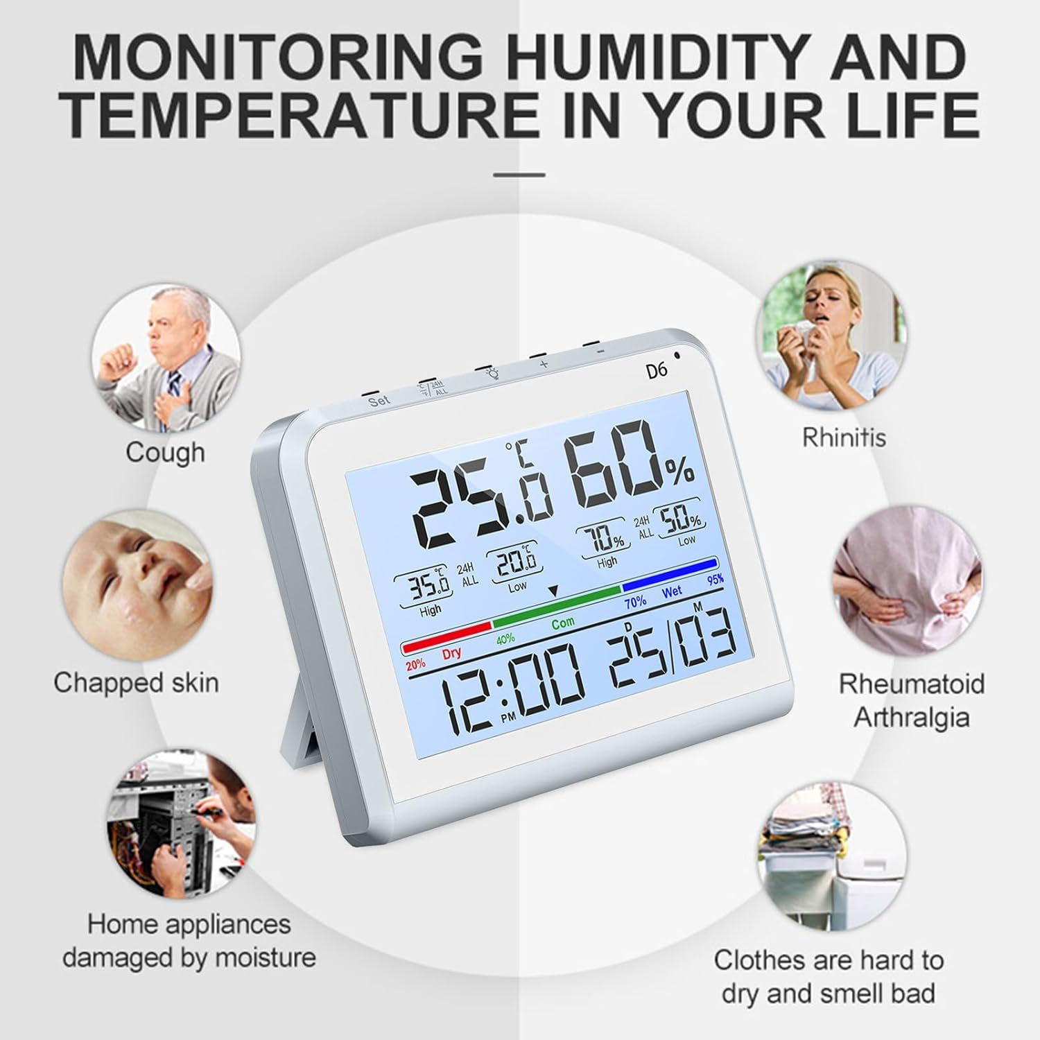 Digital Thermometer Hygrometer, Indoor Temperature and Humidity Gauge with 3.34 Inch LCD Screen, Time and Date Display, for Office, Garden, Warehouse image number 3