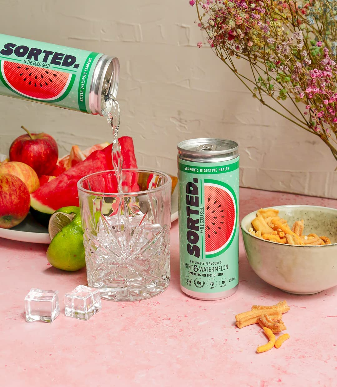 SORTED. Mint & Watermelon Prebiotic Soft Drink | Boosts Gut Health | High-Fibre, 99.9% Sugar-Free, Low Carb, Low Calories | 12X250Ml Cans