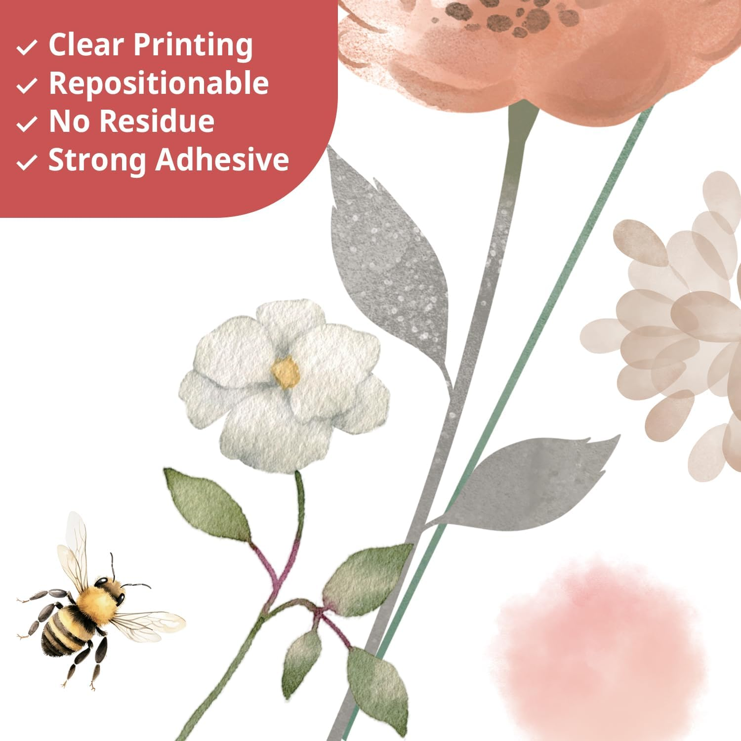 DECOWALL SG2-2421 Watercolor Boho Flowers Wall Stickers Garden Wildflower Floral Grass Bedroom Living Home DIY Decor Art Colorful Pink Plants Removable Murals Nursery Leaves Leaf Potted Decoration image number 2