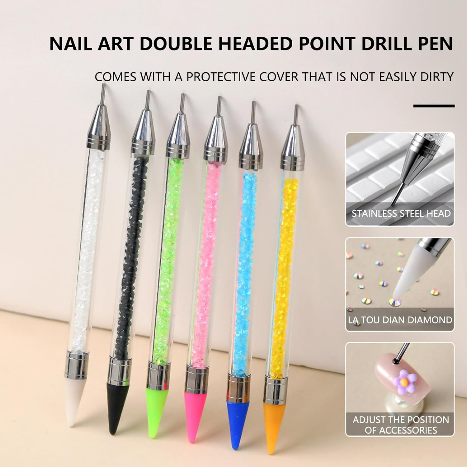 Taoluwin Diamond Nail Art Pen, Double Heads Point Drill, Self-Stick Wax Tip, Diamond Painting Pen with Protective Cap for Rhinestones Gems, Reusable Drill Tool image number 1