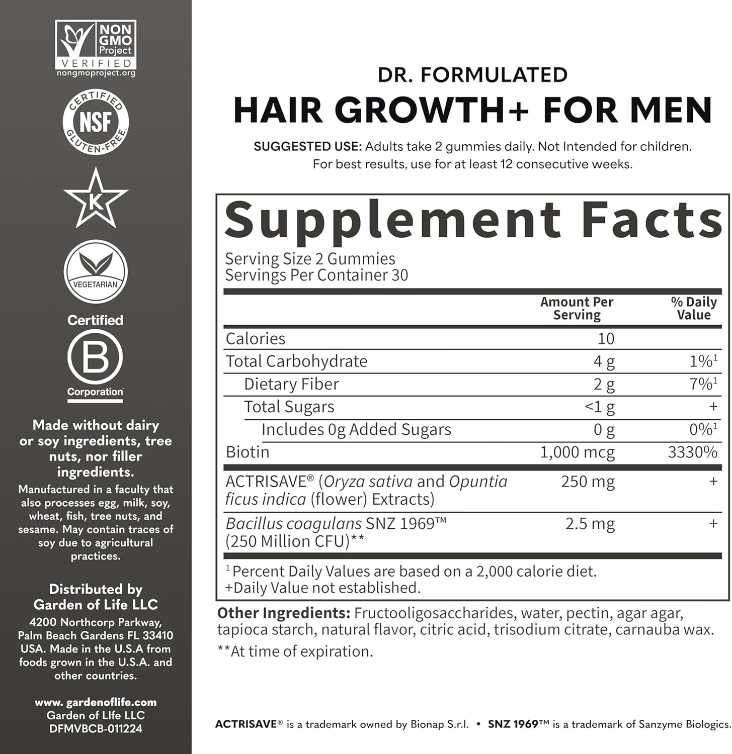 Garden of Life Dr. Formulated Hair Growth Gummies for Men, with Biotin and Clinically Studied Extracts to Support Men&rsquo;S Hair Growth, Delicious Berry-Flavored Gummies, 60 Count image number 1