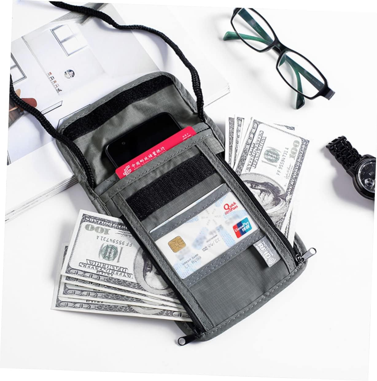 MUELODSIC Travel Wallet Bag Passport Holder Neck Hanging Credit Phone Case for Women Grey image number 2