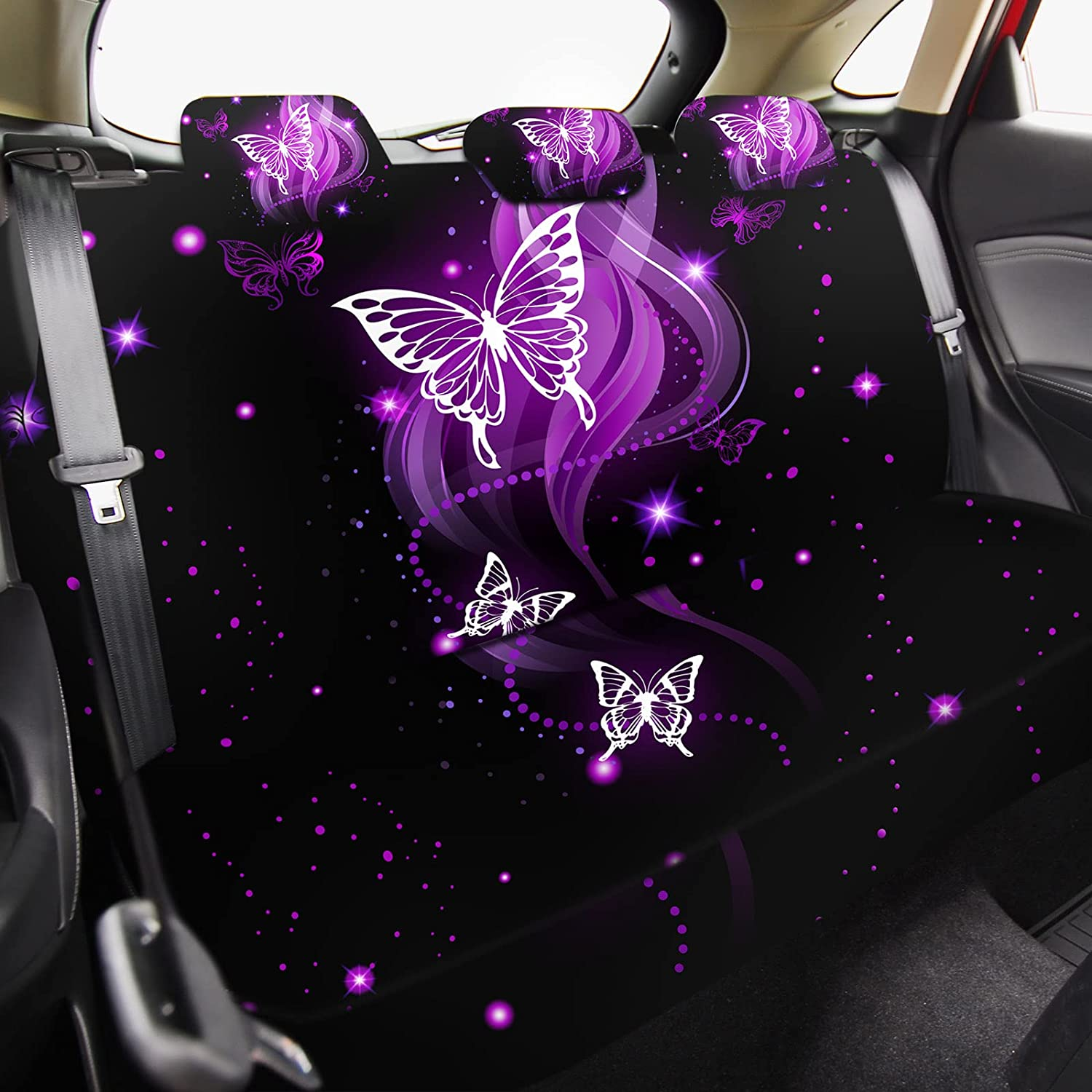 15 Pcs Butterfly Car Seat Covers Full Set Butterfly Front Rear Seat Covers Steering Wheel Cover Wrist Strap Coasters Armrest Shoulder Pads (Purple Glitter Butterfly Style) - Classic Butterfly Style image number 2
