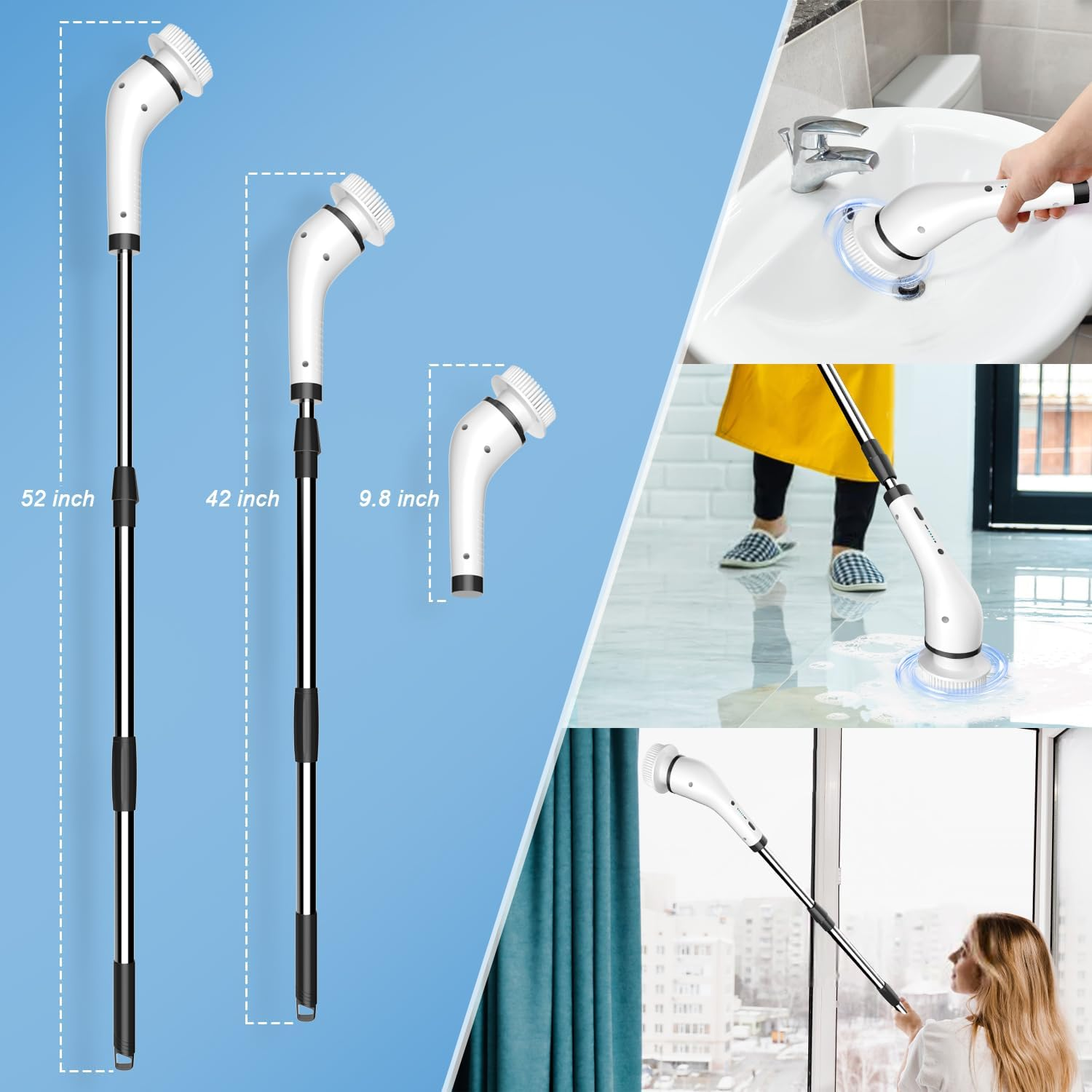 GRUTTI Electric Spin Scrubber, Cordless Shower Scrubber with 8 Replaceable Brush Heads, Electric Bathroom Scrubber with 2 Speeds, Adjustable Extension Arm, for Bathtub Window Car Grout Tile Floor