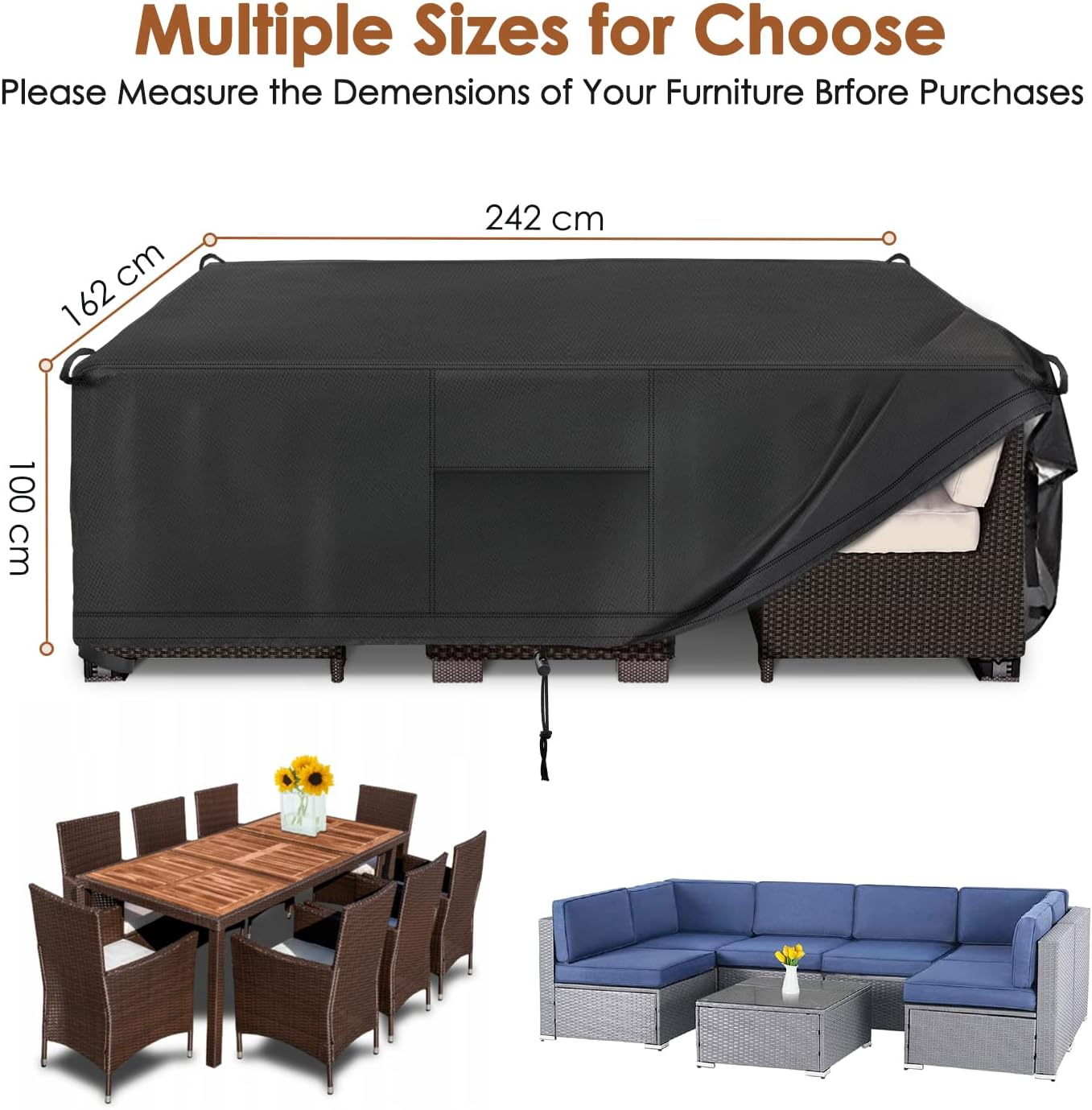 AUTOWT Patio Furniture Set Cover, Waterproof Uv-Resistant Lawn Patio Seat Cover, Heavy Duty 420D Polyester Oxford Cloth Outdoor Bench Sofa Cover, Rectangular Protective Cover for Garden Furniture image number 5