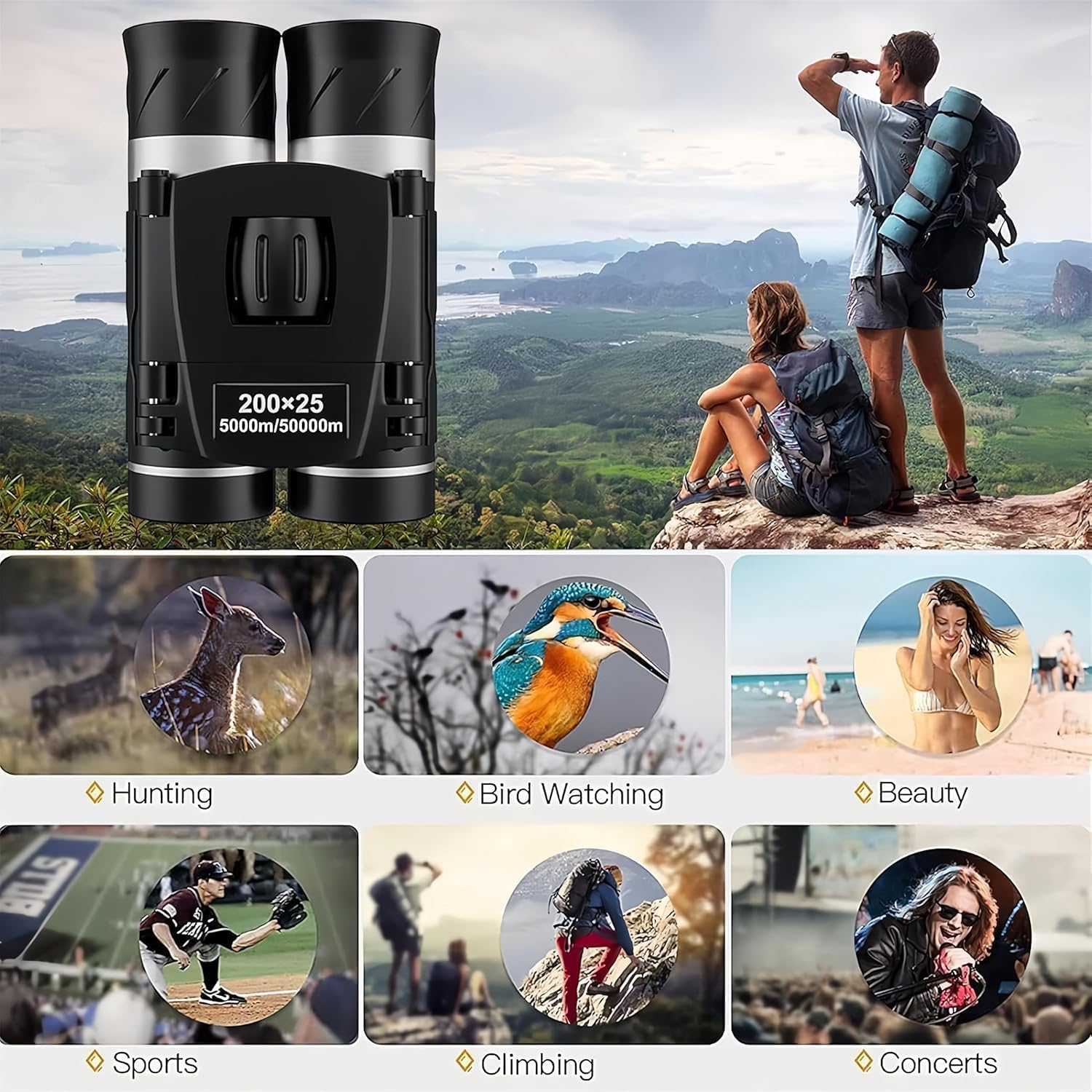 Binoculars, 200X25 Waterproof Compact Binoculars, Suitable for Bird Watching, Hunting, Concerts, Theater, Opera, Travel, and Sightseeing. (Black) image number 4