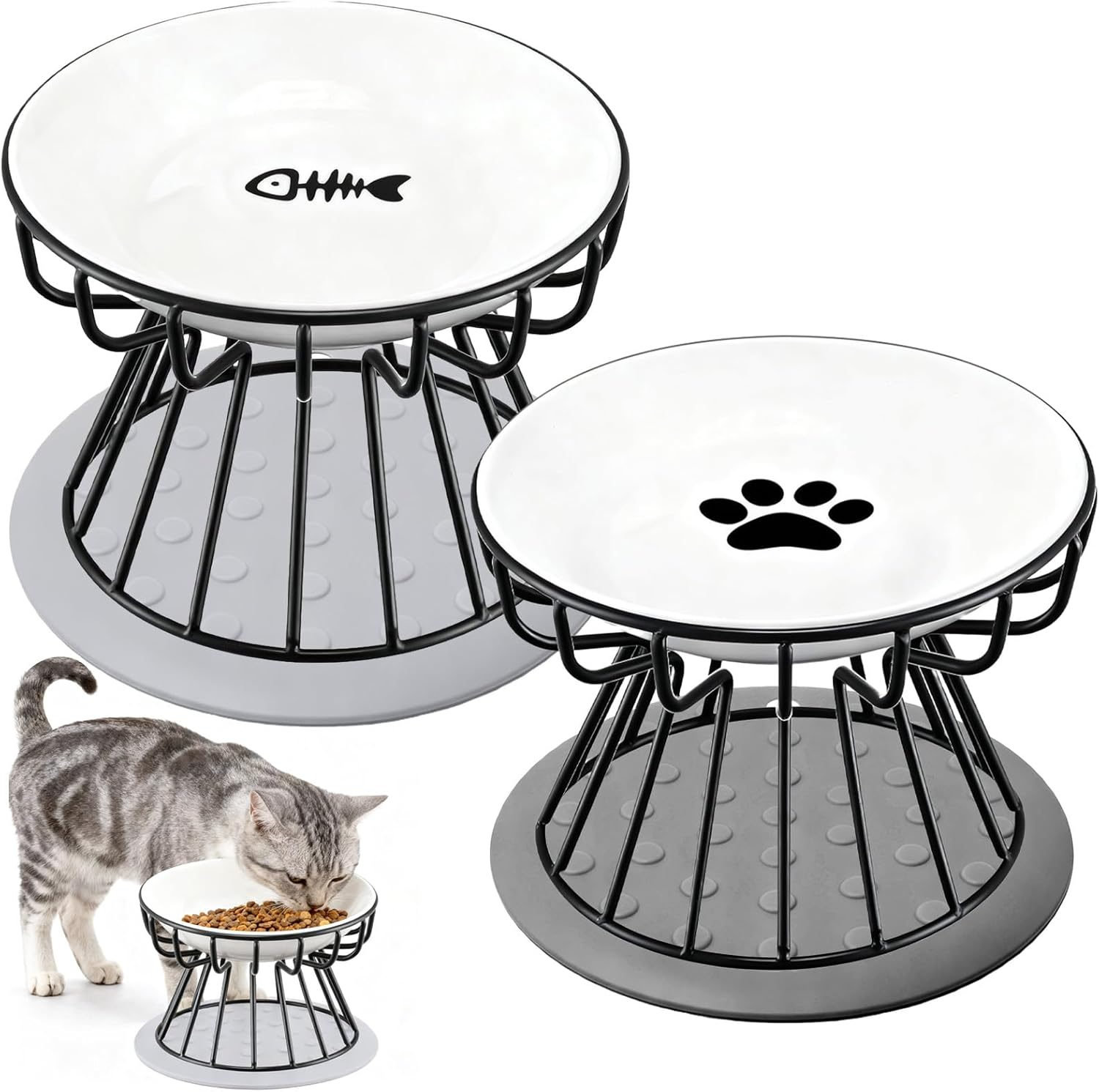 Set of 2 Raised Cat Bowls with Metal Stand, Cat Bowls, Feeding Bowl, Cat Set with Raised Stand, Metal Holder, Pet Feeding Bowl, anti Vomiting Cat Bowl for Cats and Puppies image number 4