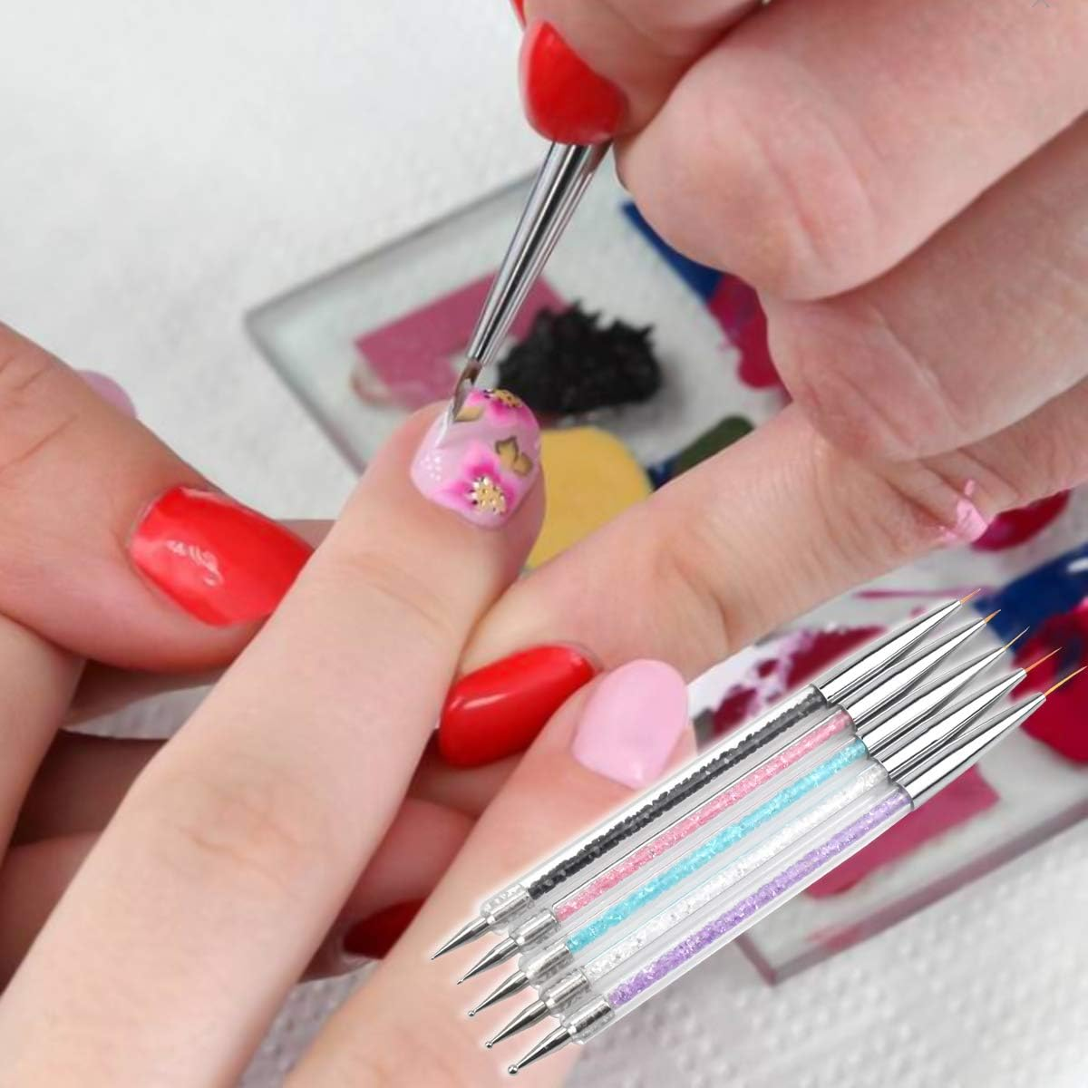 Pack of 5 Nail Point Dotting Pens, Nail Art Liner Brush, Double-Ended Nail Art Design Pens, Nail Dotting Pen, Acrylic Nail Art Drawing Painting Dotting Pen for DIY Nail Art Design image number 2