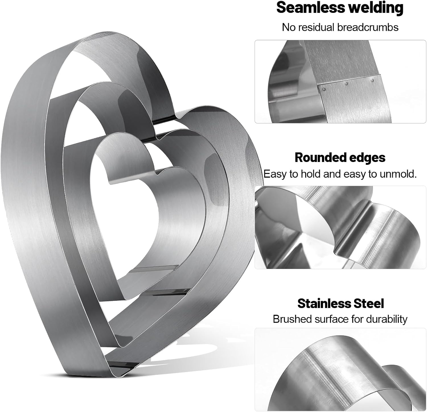 ZHIYUQL Heart Baking Mould, Set of 3 Heart Cake Ring, Silver Stainless Steel Baking Mould, Heart Dessert Rings, Baking Frame, Smooth and Heat Resistant for Cake Decoration, Backing, Holiday Party image number 5