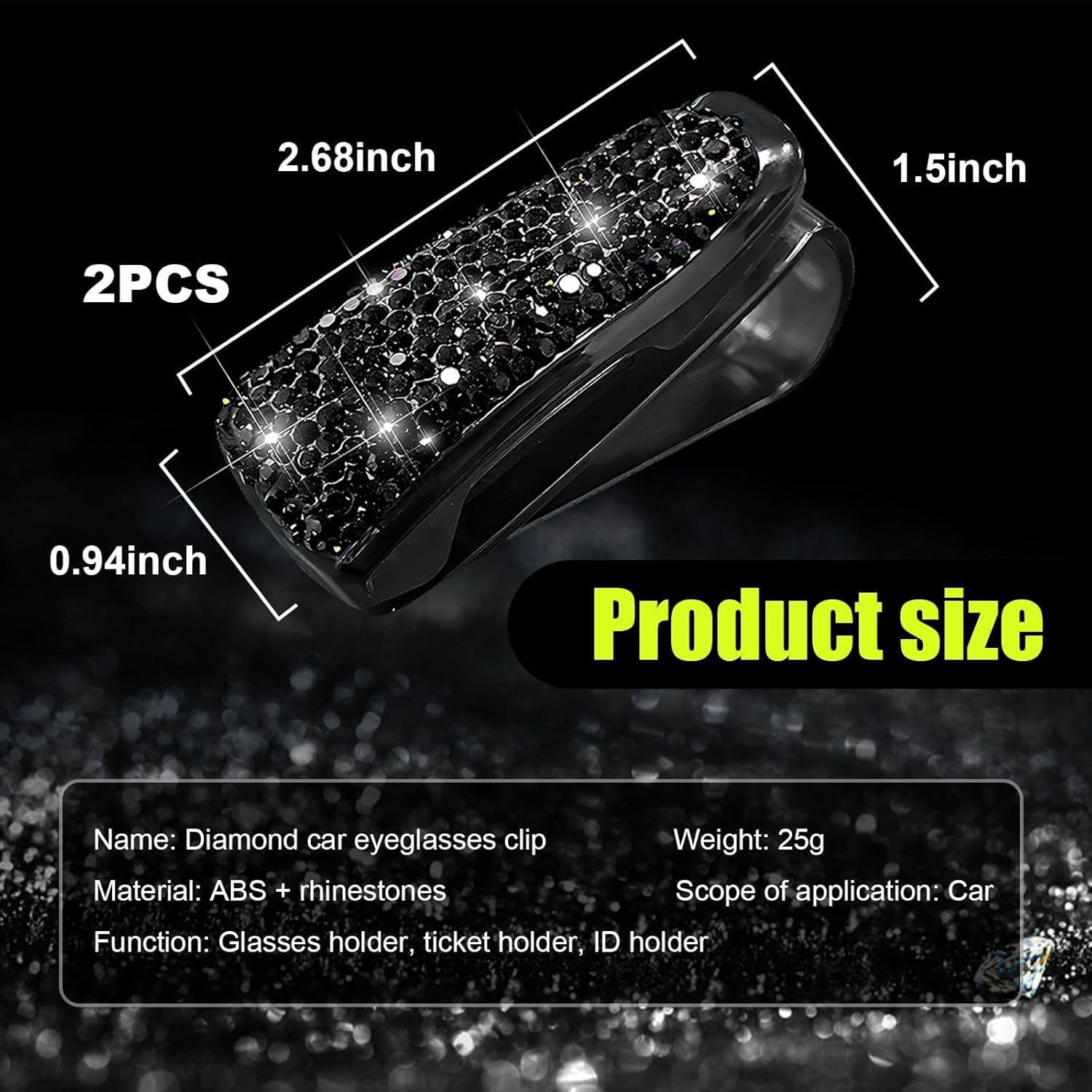 2 PCS Bling Sunglasses Holder for Car Sun Visor, Crystal Rhinestones Eyeglasses Hanger Mount with Ticket Card Clip, Universal Vehicle Visor Decor Accessories for Women (Black) - White  Ab  Multicolour image number 2