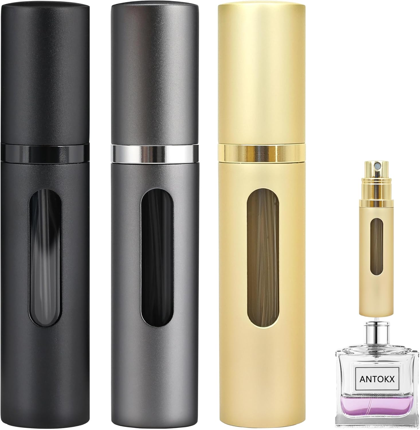 Travel Perfume Bottle Refillable Atomizer - 3-Pack 5ML ANTOKX Perfume Atomiser, Pocket Perfume Dispenser, Perfume Bottles Empty, Leakproof Perfume Sprayer for Women and Men (Black & Grey & Gold)