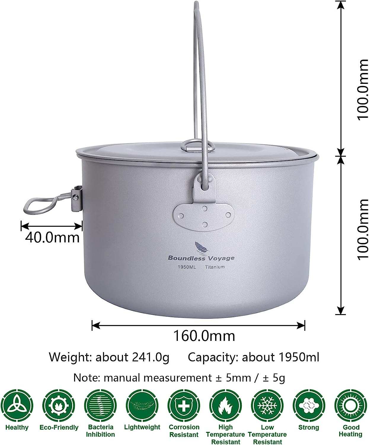 Boundless Voyage Camping Titan Hanging Pot with Folding Handle Picnic Hiking Large Capacity Kettle Cookware 1.3L 1.95L 2.9L (Yti2044C-1950Ml) image number 2