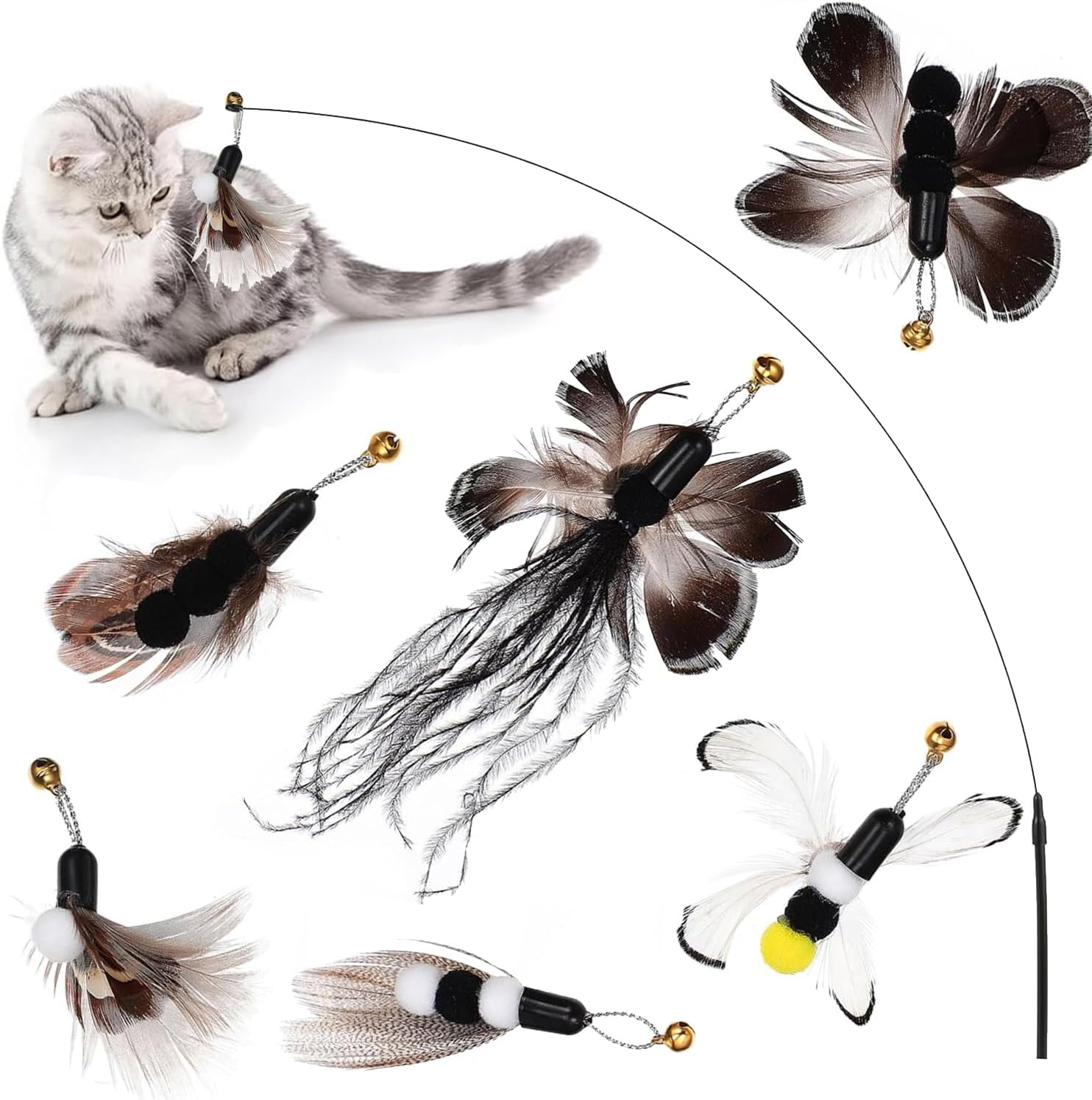 7 Pcs Toys Cat Wand Replacement Insect Feather Toys Cat Wand Attachments Toy Wand Refills with Bell Interactive Toy Cat Teaser the Feather Cat Toys for Playing Catcher and Exercising (7Pcs) image number 4