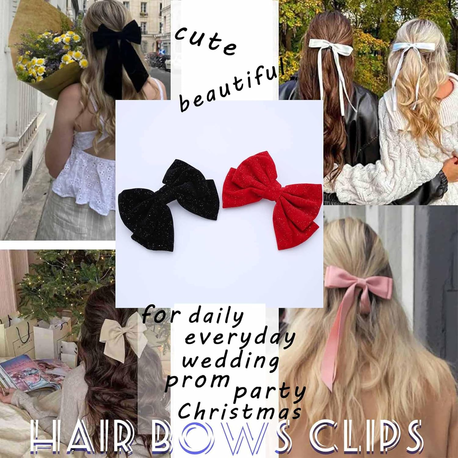 Red Hair Bows for Women Glitter Bow Hair Clips Velvet Bow Clips Cute Hair Bow Clips French Hair Band Prom Bows Party Wedding Barrette Bowknot Black image number 6