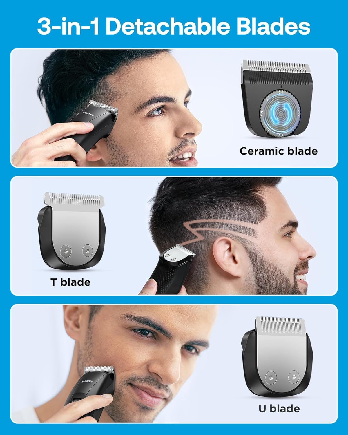GLAKER Hair Clippers for Men - Cordless 3 in 1 Versatile Hair Trimmer with Extra Long Guards, Detachable Blade & Storage Bag, Complete Mens Grooming Kits, Ideal Gifts for Men image number 5