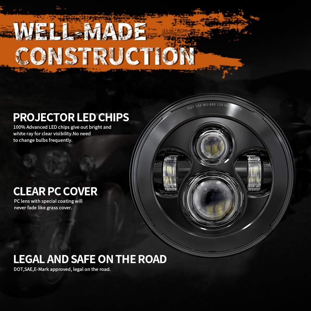 BICYACO DOT 7 Inch Motorcycle LED Headlight Headlamp Compatible with Harley Davidson Electra Glide Street Glide Fat Boy Road King Heritage Softail Switchback Black - Silver image number 7