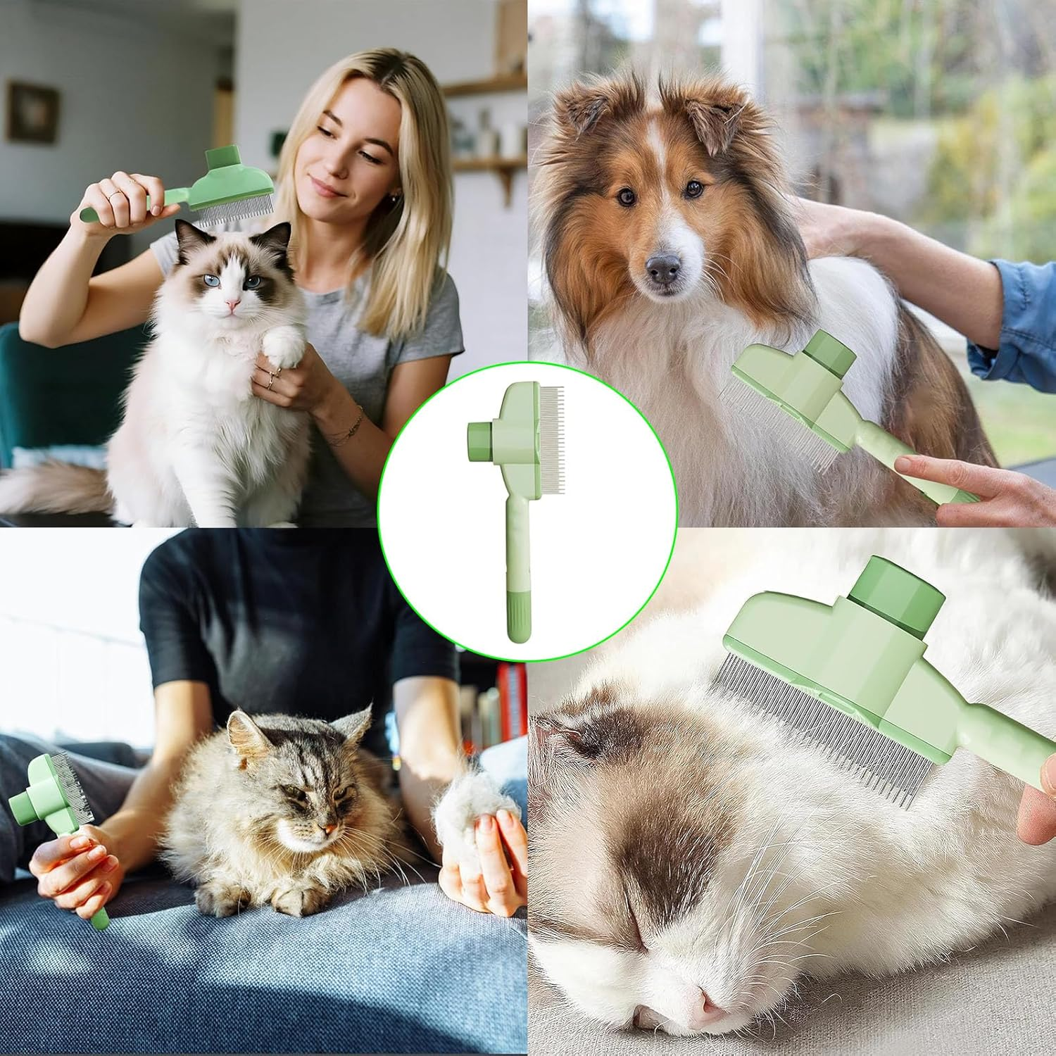 Cat Comb, Green, Self-Cleaning Flea Comb for Cats and Dogs, Cat Brush with Release Button, Self-Cleaning Grooming Brush, Fur Flash Brush, Dog Brush, Pet Brush for Long Short Hair Care - Green image number 6