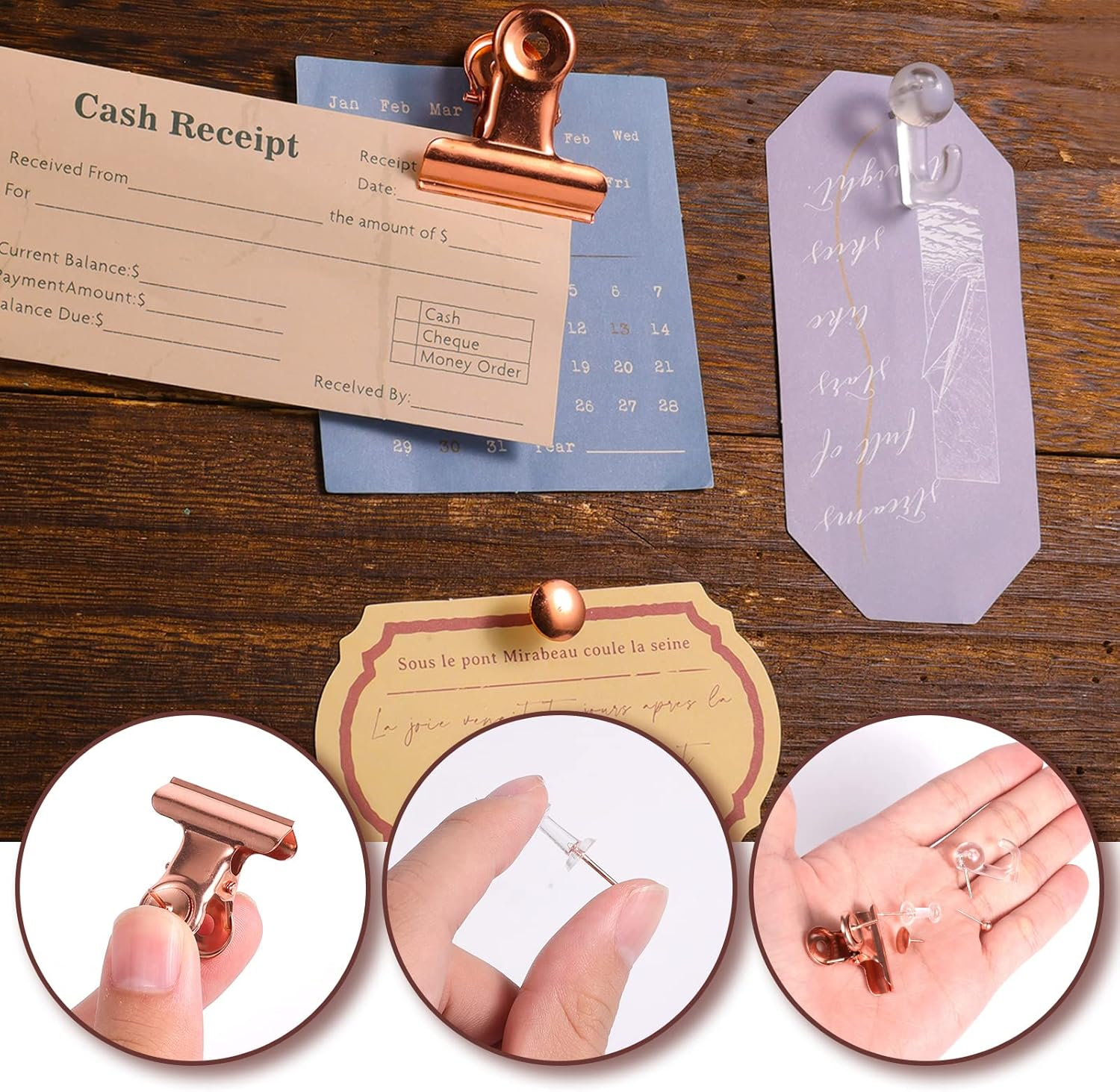 AIEX 465Pcs Clear Push Pins Set, Metal & Plastic Pushpins Clips Thumb Tacks and Push Pins for Cork Board Bulletin Board Wall 5 Styles Office Supplies (Rose Gold) - Rose Gold image number 5