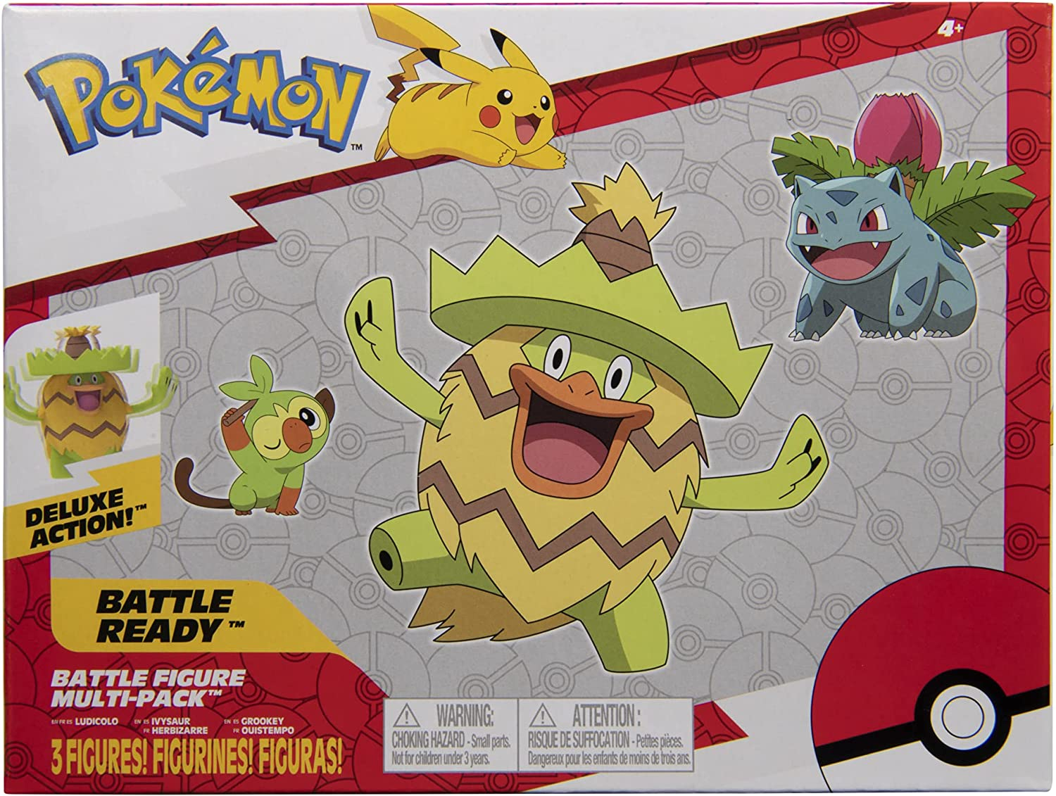 Pok&eacute;mon Battle Figure, Grass-Type Theme with 3 Pack Ludicolo, Ivysaur, Grookey - 4.5-Inch Ludicolo Figure, 3-Inch Ivysaur Figure, 2-Inch Grookey - Toys for Kids Fans, PKW2551 image number 3