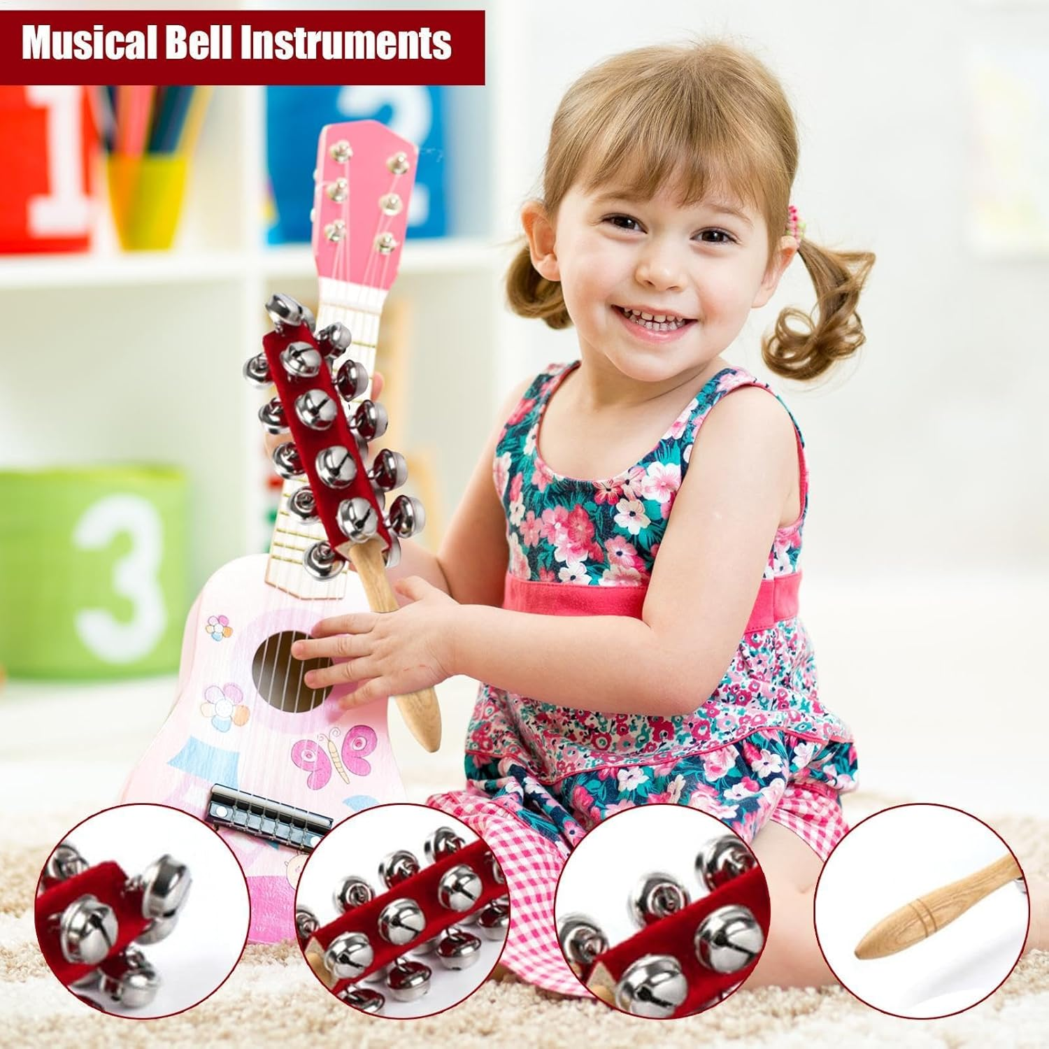 Hand Jingle Bells - Children Wooden Hand Instrument Jingle Bell - Wooden Handle Sleigh Bell Christmas Stick Jingle Shaker Rattles Percussion Musical Bell Instruments Red image number 5
