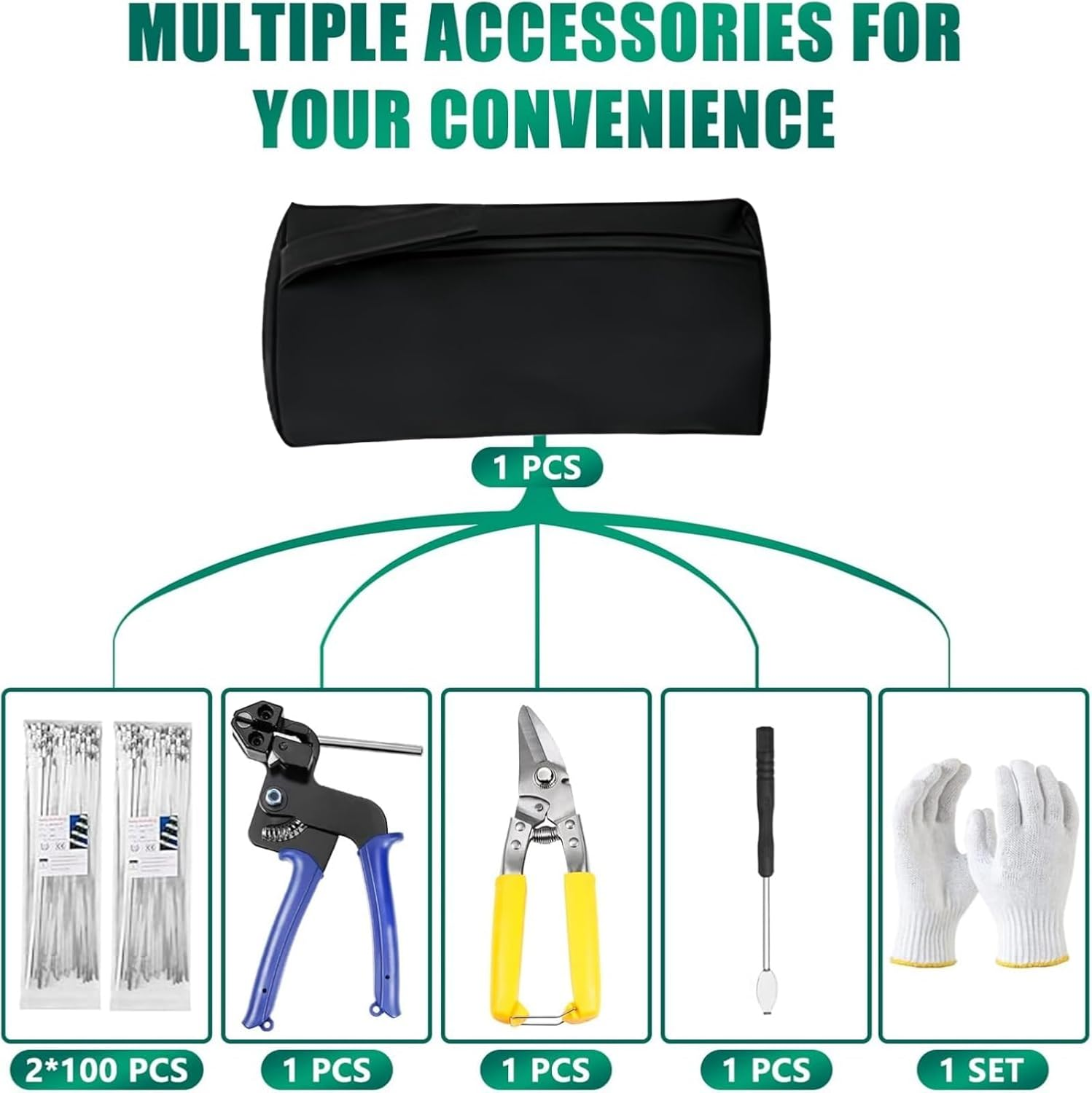 Ssumght Metal Zip Ties Tool, Stainless Steel Cable Tie Gun with 200PCS Self-Locking Metal Steel Zip Ties, Metal Tie Wrap Gun Kit, Duty Outdoor Adjustable Fastening Cutting Tie Tool Sets image number 3