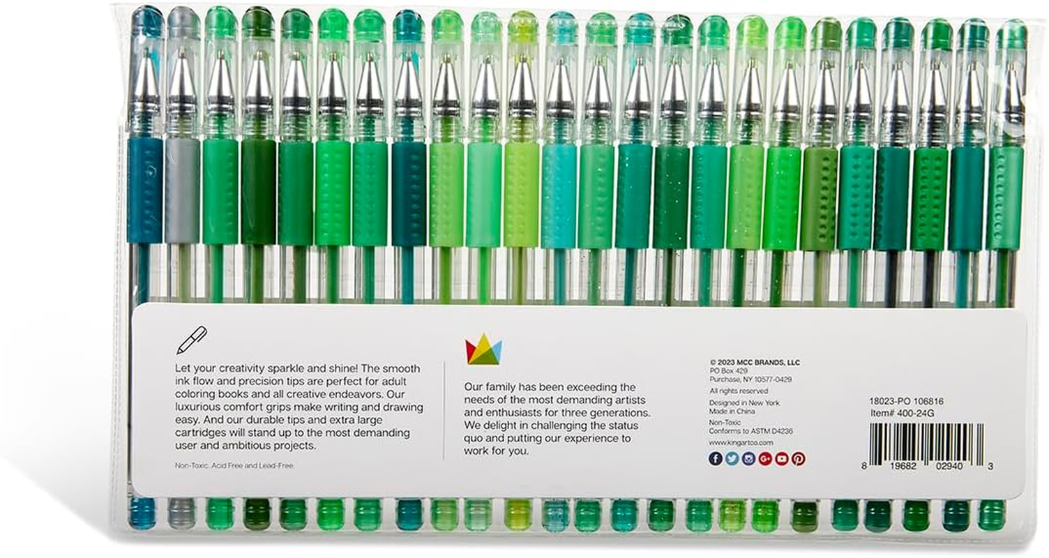 KINGART 400-24G Green Tones Rollerball Gel Pens, Set of 24 Colors, XL Ink Cartridge - More Ink, All Ages, Writing, Coloring, Doodling, Scrapbooking, Journaling & More