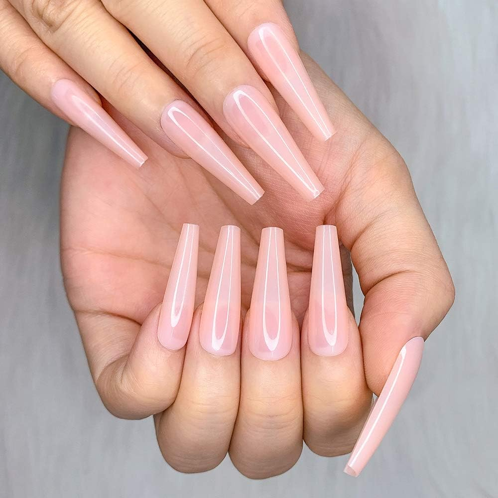 Artquee 24Pcs Light Nude Clear Pure Color Ballerina Long Coffin Glossy Fake Nails Press on Nail False Tips Manicure for Women - Cb-14 image number 7
