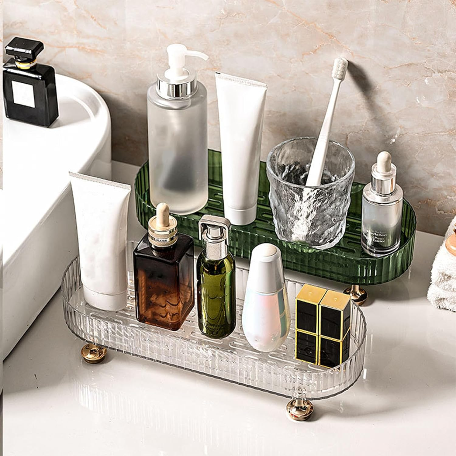 Makeup Perfume Organizer Tray, Small Bathroom Trays for Counter, Decorative Perfume Holders, Vanity Make up Organizer for Skincare and Cosmetics (Clear) - Black image number 4