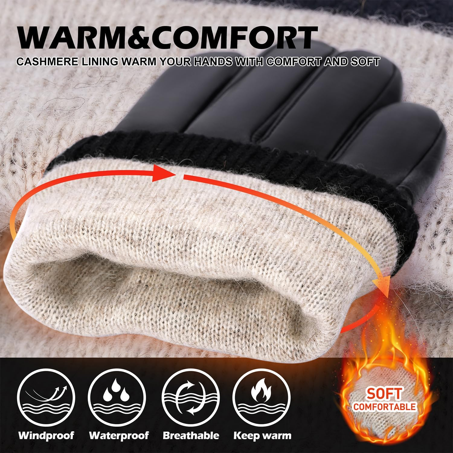 BISON DENIM Men'S Leather Gloves Warm Cashmere Lining Windproof Gloves Touchscreen Function image number 2