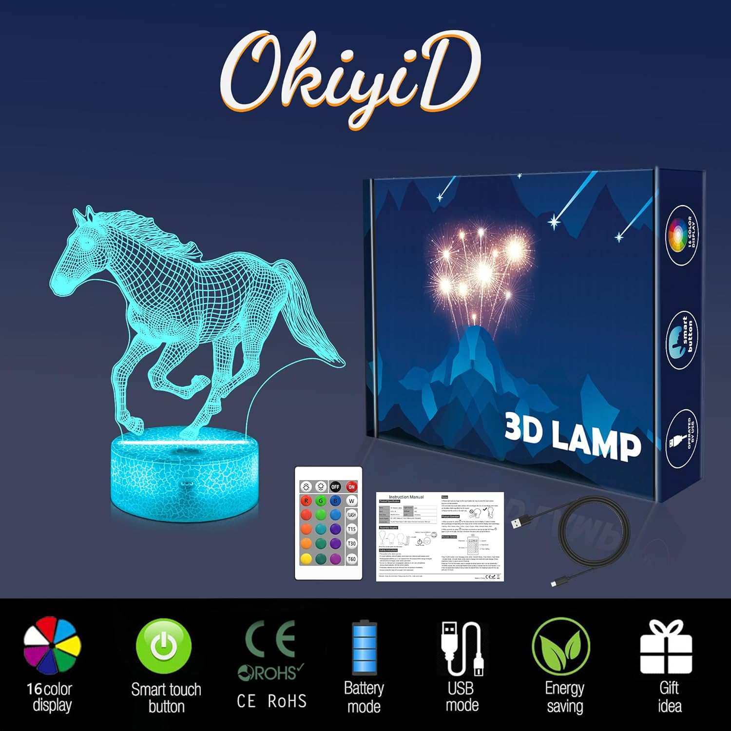 Horse Gifts for Girls, 3D Illusion Lamp, 3D Horse Night Light with 16 Colors Remote and Touch Control, Horses Decor for Kids Room, Girls Birthday Gifts image number 1