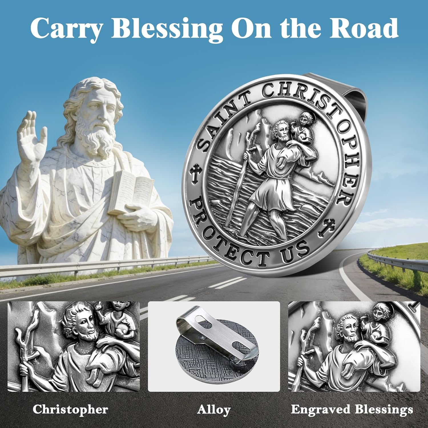 Ploreway St. Christopher Medal for Car, Metal Saint Christopher Visor Clip, Talisman for Safety, Automotive Visor Accessories, Gift for Drivers, Families, Friends image number 6