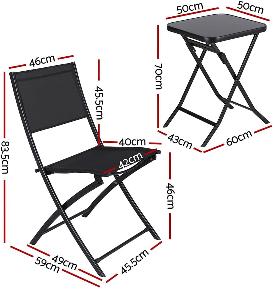 Gardeon Outdoor Bistro Set, Folding Table and Chairs W/Glass Tabletop, Patio Furniture for Garden Porch Backyard Lawn Poolside Deck, Steel Frame, Polyester Fabric Black image number 2