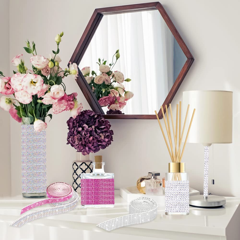 AFUNTA 3 Rolls Rhinestone Ribbon Self Adhesive, 3 Yards Crystal Stickers Glitter Ribbons Bling Ribbons Roll for Wedding Cakes Birthday Crafts Decorations (Silver AB Pink)