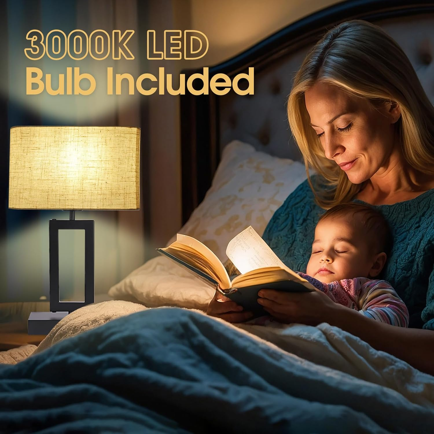 Set of 2 Touch Control Table Lamps for Bedroom: Dimmable Bedside Lamp with USB A/C Ports - Fabric Shade Modern Nightstand Lamp